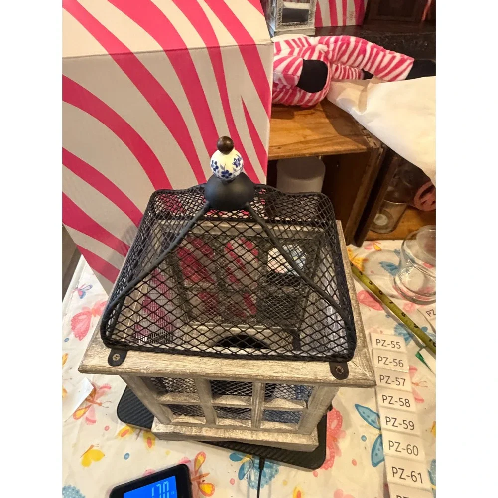 Pink Zebra Rustic Farmhouse Wood Metal Mesh Lantern Decorative Birdcage Gray